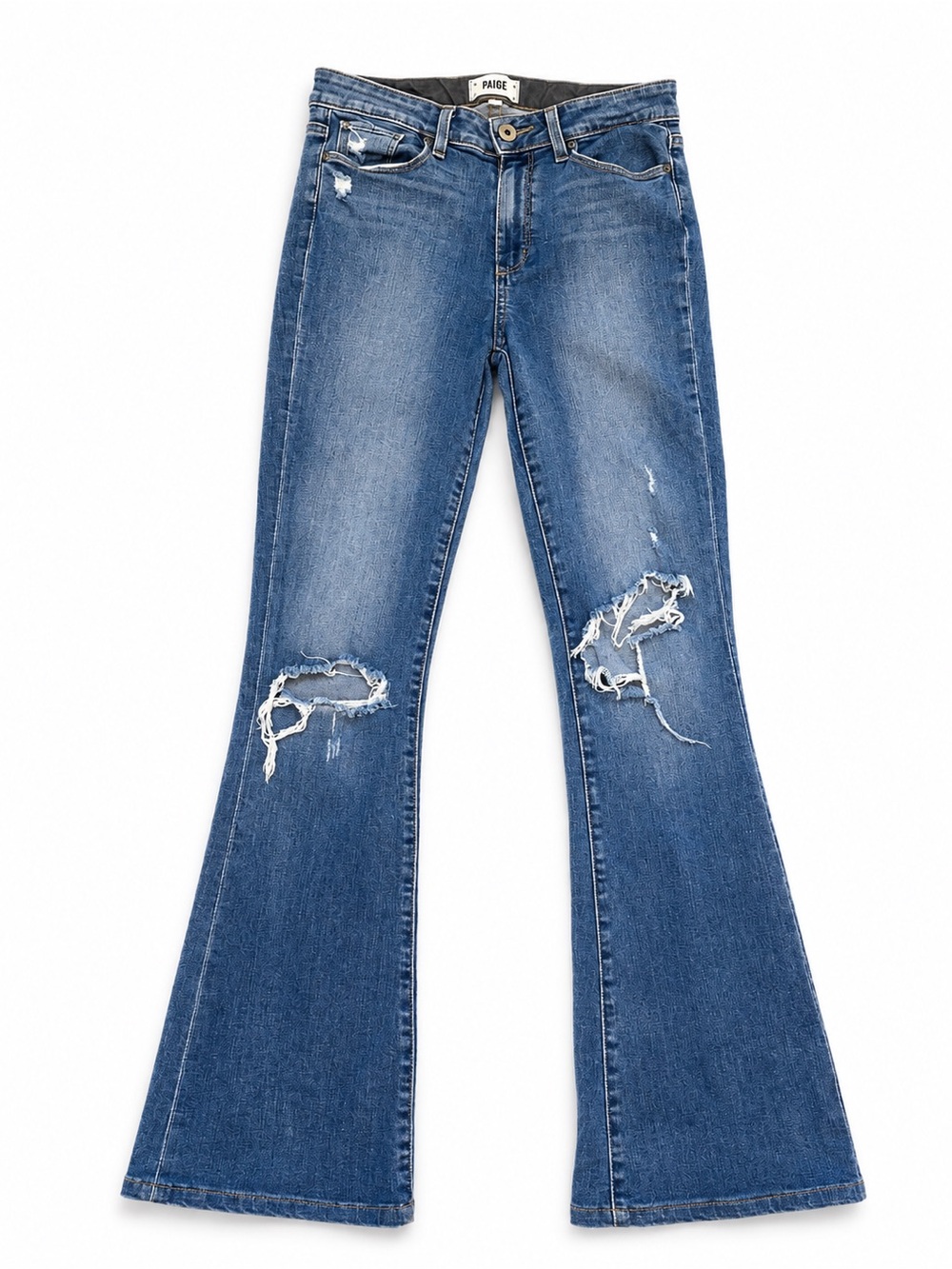 PAIGE Bell Canyon High Rise Distressed Flare Jeans Medium Wash 27